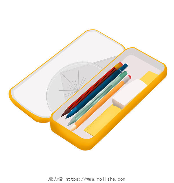 铅笔盒中的文具开学文具铅笔尺子橡皮元素PNG素材